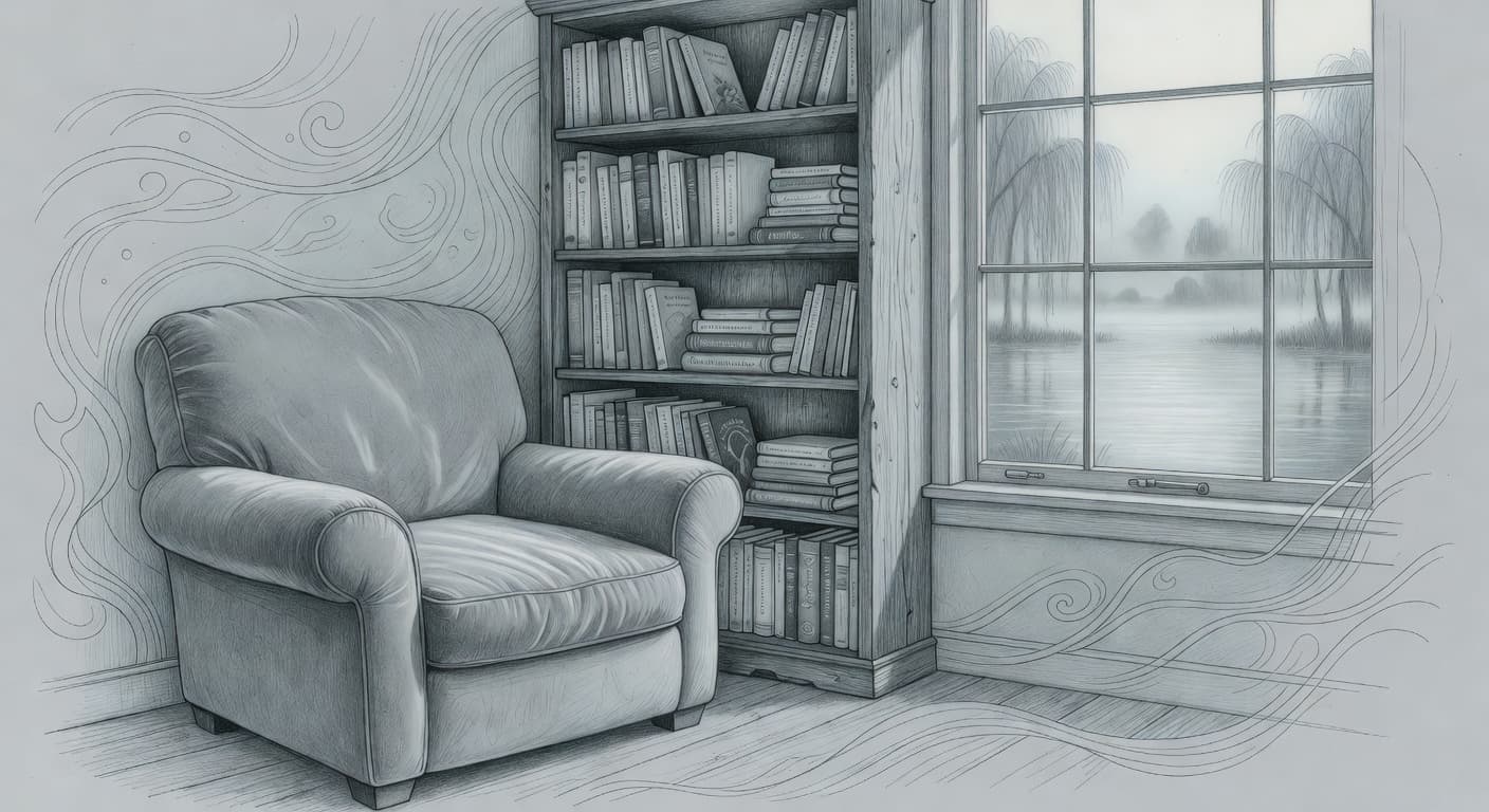 A graphite pencil sketch depicts a soft armchair nestled beside a well-stocked bookshelf. A large window provides a tranquil view, with delicate light shading creating a serene and introspective atmosphere.