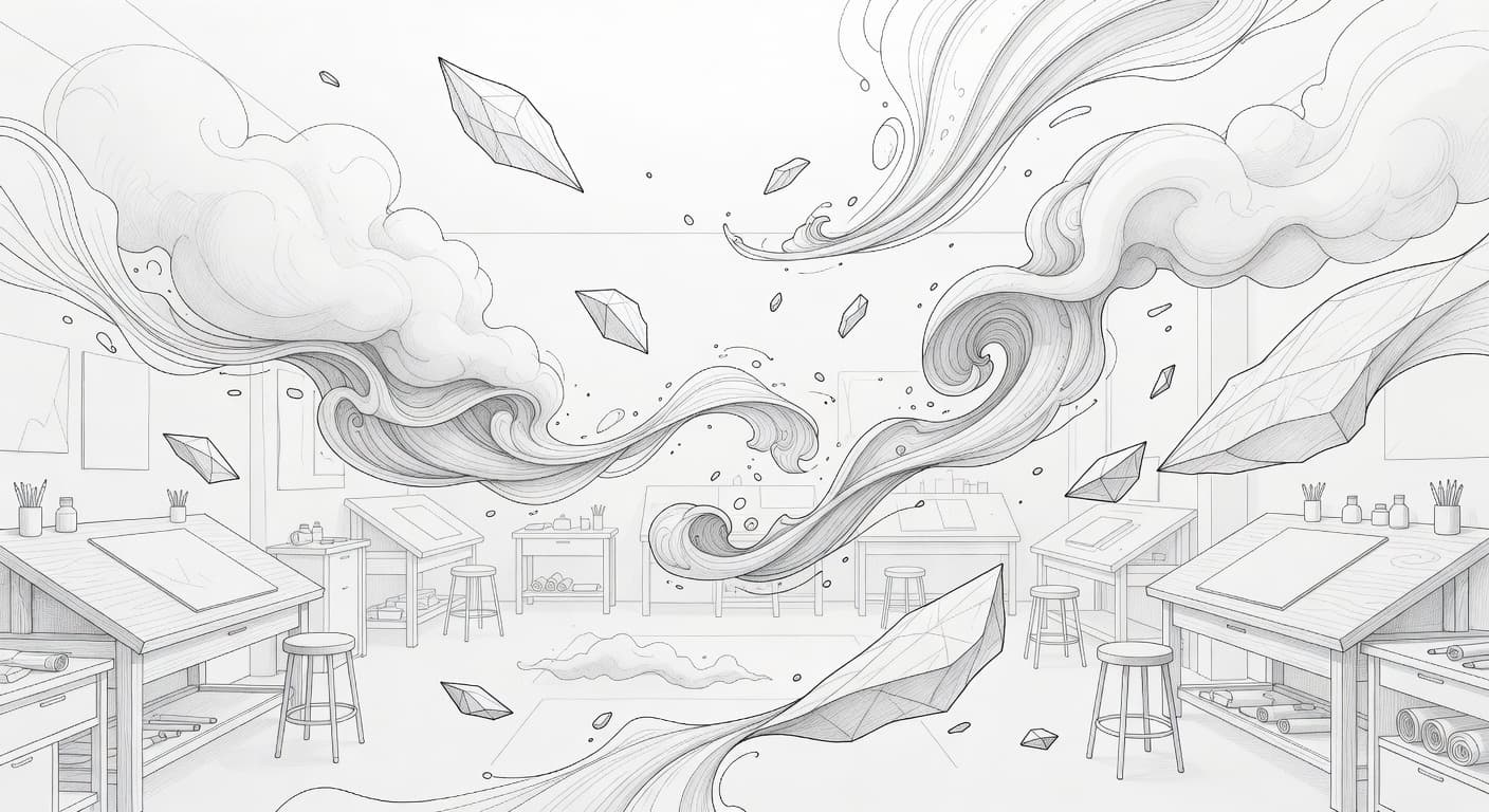 A series of floating geometric shapes drift through an open studio space rendered in delicate graphite linework. Soft shading textures the forms against a crisp, textured white paper background backdrop.