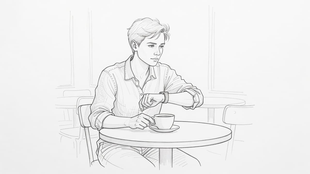 A graphite drawing shows an individual sitting at a circular cafe table. They glance away from their seat while checking a wristwatch, capturing a sense of impatience and mental wandering.