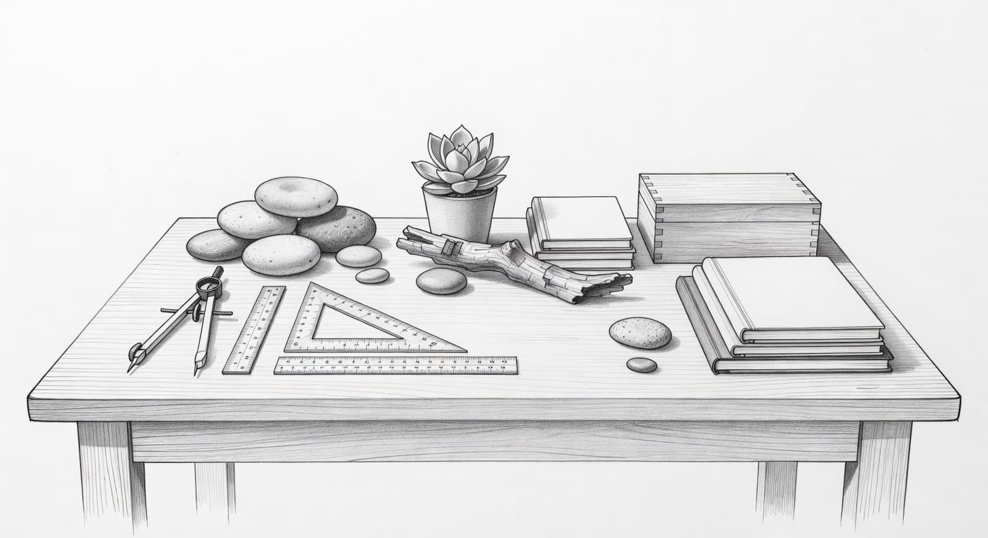 A clean, hand-drawn sketch features a solitary desk arranged with precise drafting tools and small potted plants. The delicate graphite linework on white paper emphasizes a grounded, highly structured aesthetic.