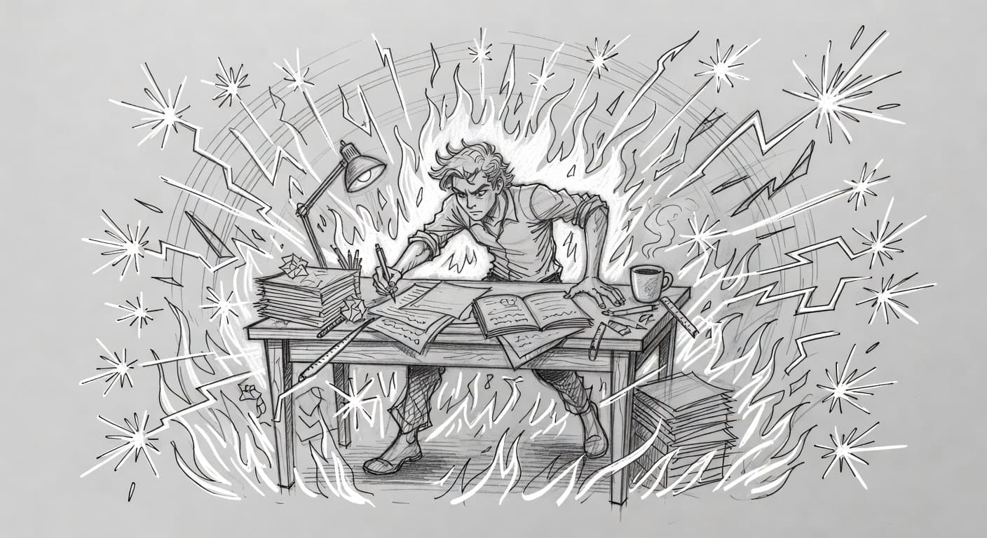 A graphite sketch depicts a person working at a desk with intense motion lines and sparks radiating outward. The clean gray background highlights the dynamic flow of elemental fire energy.