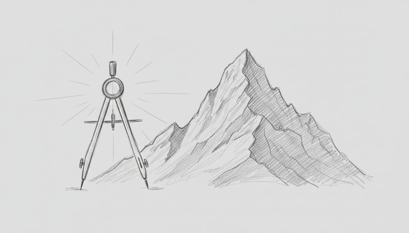 A graphite pencil sketch displays an open drafting compass positioned beside the jagged silhouette of a mountain peak. Fine linework and delicate shading define these textured shapes against a pale background.