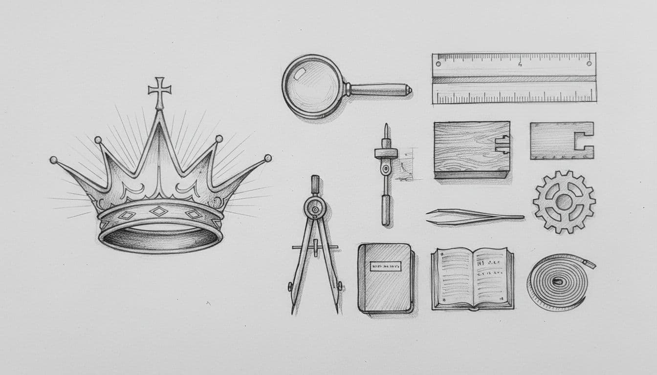 A detailed graphite sketch displays a regal crown sitting beside a collection of precision hand tools. The monochromatic illustration uses subtle shading and precise linework on a plain gray background.