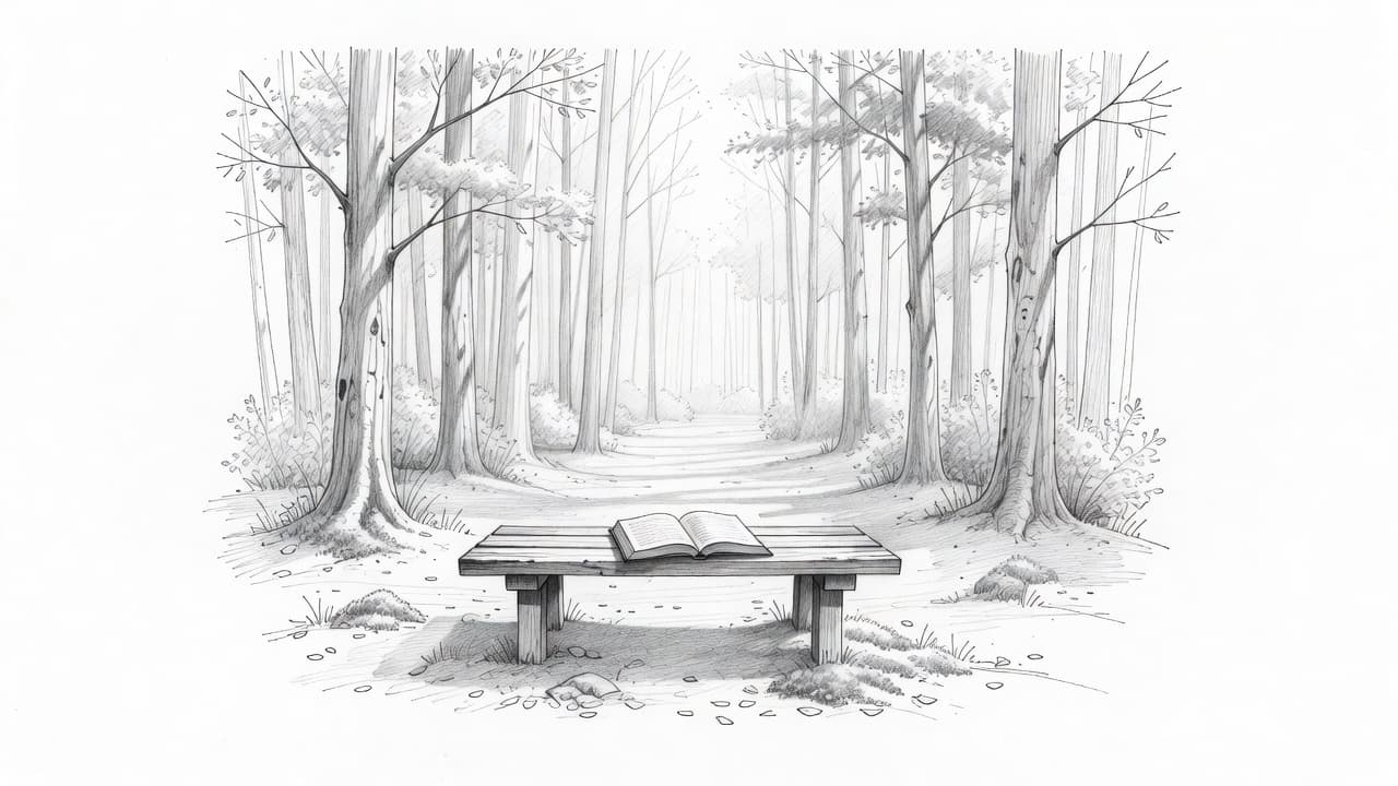 A delicate graphite drawing captures a tranquil forest clearing featuring a solitary wooden bench. An open book rests upon the seat amidst soft shaded grass and quiet surrounding woodland trees.