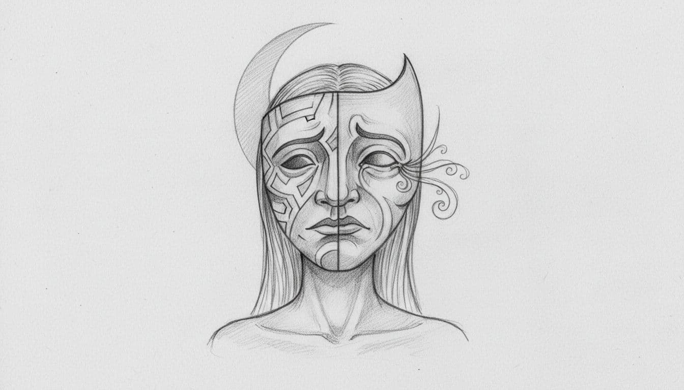 A graphite pencil sketch displays a person holding two expressive masks against a backdrop of a crescent moon. Soft shading and fine linework define the emotional intensity on a light paper.