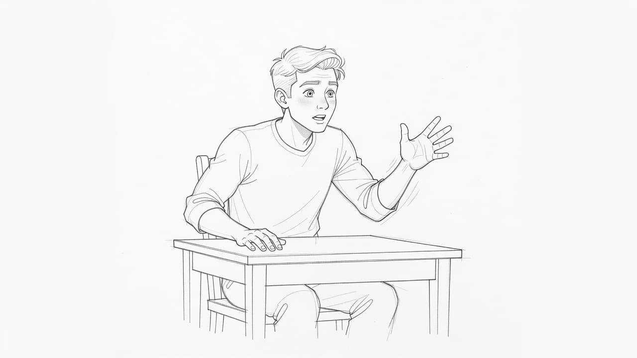 A graphite pencil sketch depicts a person at a table using expressive hand gestures while speaking. Fine charcoal lines and light shading emphasize an impatient yet highly energetic facial expression.