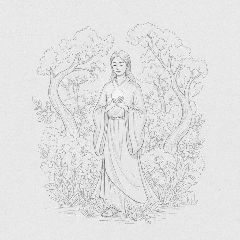 A graphite drawing depicts a person standing calmly in a garden while holding a radiant, glowing orb against their chest. The clean lines and soft shading create a peaceful atmosphere.
