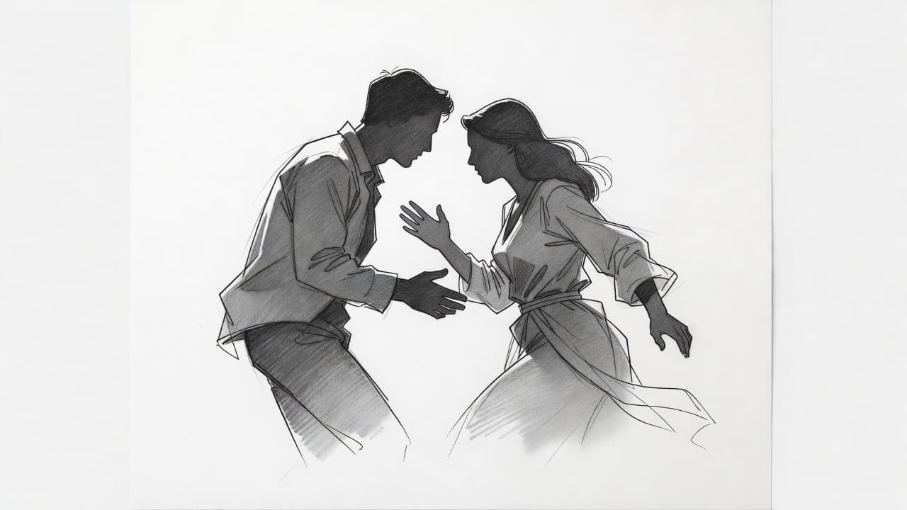 A delicate hand-drawn graphite illustration features the silhouettes of two individuals leaning close. Their subtle body language and soft shading highlight a powerful, intimate moment against the stark white background.