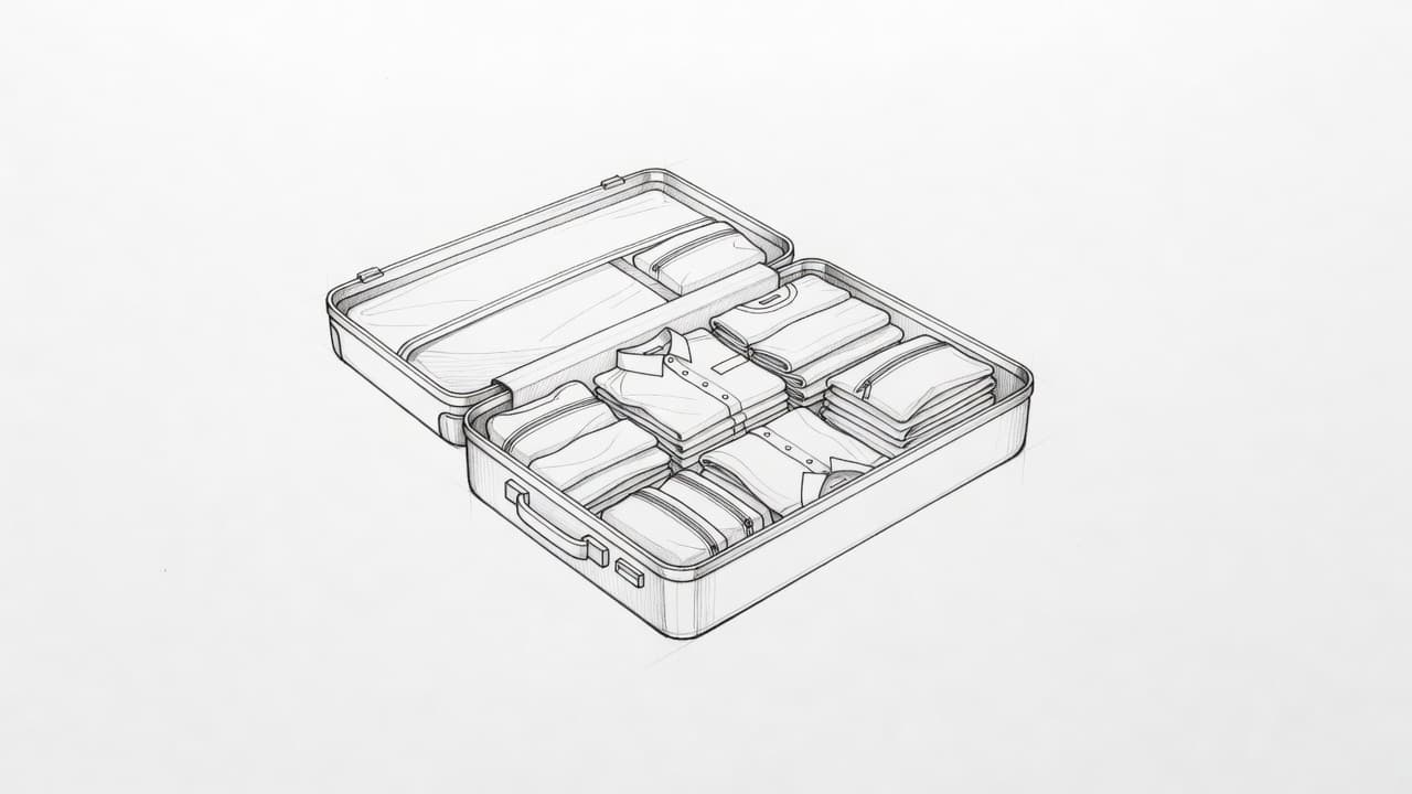 A detailed pencil drawing on white paper depicts an open travel suitcase filled with folded garments, organized textile pouches, and neatly stacked items. Minimalist lines define the organized interior travel gear.