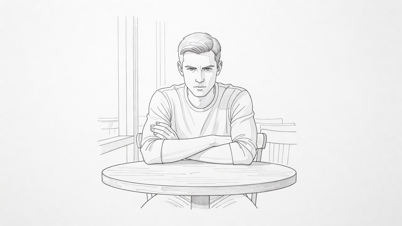 A detailed graphite pencil sketch depicts a person sitting at a cafe table with arms tightly crossed. Their focused expression conveys reserve against the simple, stark white paper background.
