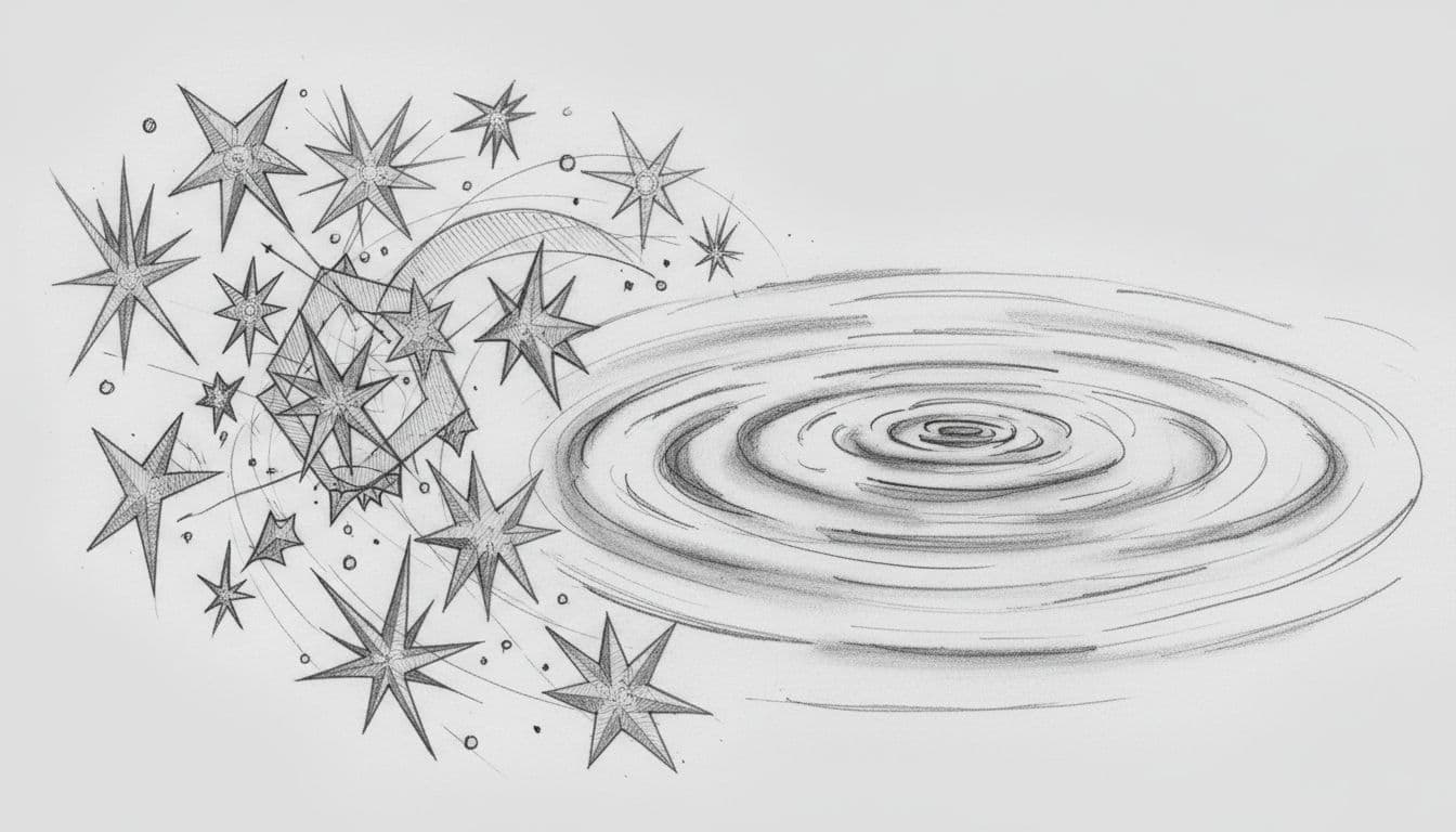 A delicate graphite illustration features a cluster of hand-drawn stars positioned above concentric circular ripples on water. The monochromatic artwork uses fine cross-hatching and soft shading on textured light gray paper.