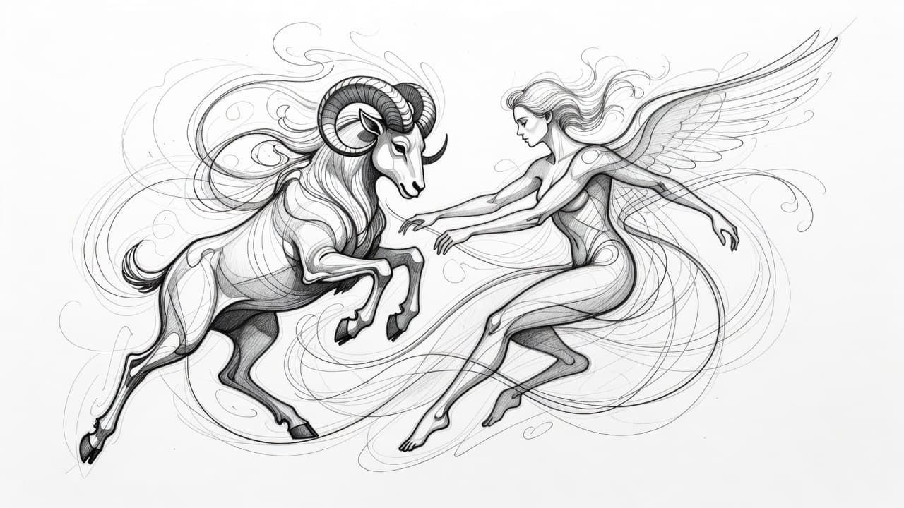 Two distinct astrological symbols are drawn with elegant graphite lines, overlapping gracefully on clean white paper. The soft shading highlights the complex geometry of their unexpected and dynamic celestial union.