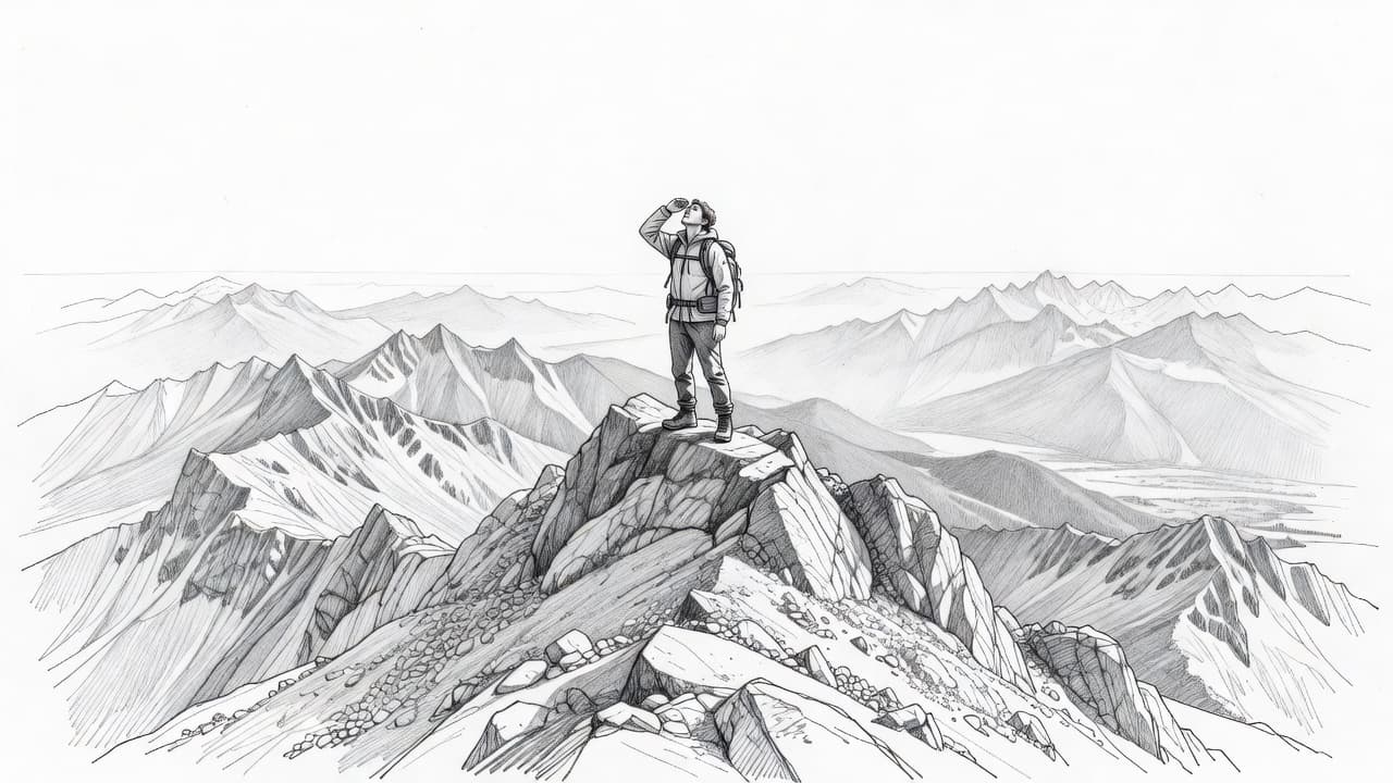 A graphite sketch shows a lone figure standing atop a jagged mountain peak. They gaze out at an expansive, textured landscape drawn with fine, delicate linework on a stark white background.