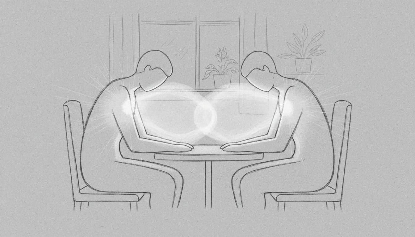 A delicate hand-drawn sketch on gray paper depicts two figures seated at a small table. A soft, luminous glow emanates from their chest areas, highlighting a sense of shared emotional safety.