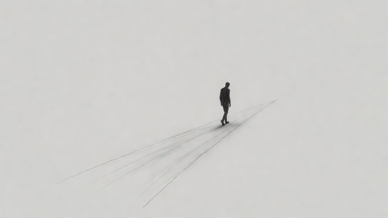 A graphite sketch portrays a lone human silhouette walking down a narrow path toward the horizon. Soft shading emphasizes the figure as it fades into the simple, textured light gray paper background.
