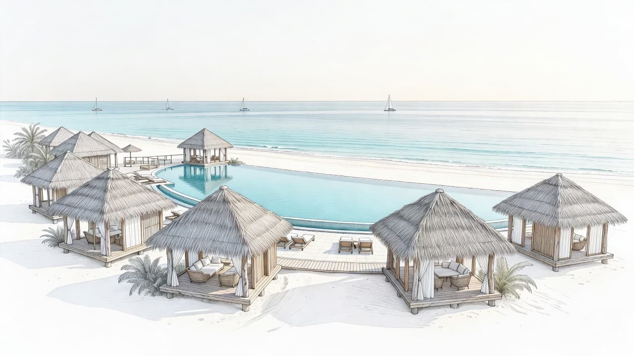A detailed graphite drawing illustrates private villas positioned along a tropical coastline. An infinity pool reflects the horizon line above an expansive ocean, set against a pristine, clean white paper background.
