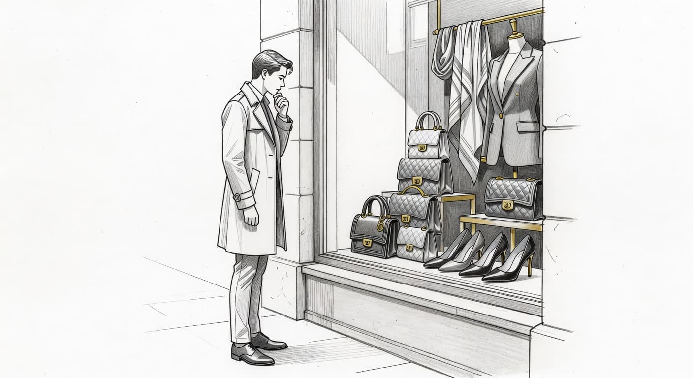 A graphite sketch depicts a stylish individual peering into a storefront window filled with high-end luxury goods. Detailed linework and soft shading contrast against the clean white paper background.