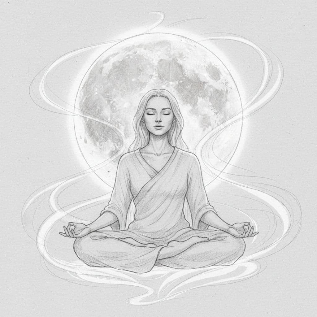A delicate graphite sketch on gray paper features a person sitting in a cross-legged meditative pose. A large, detailed moon glows behind the figure, casting ethereal light across the scene.