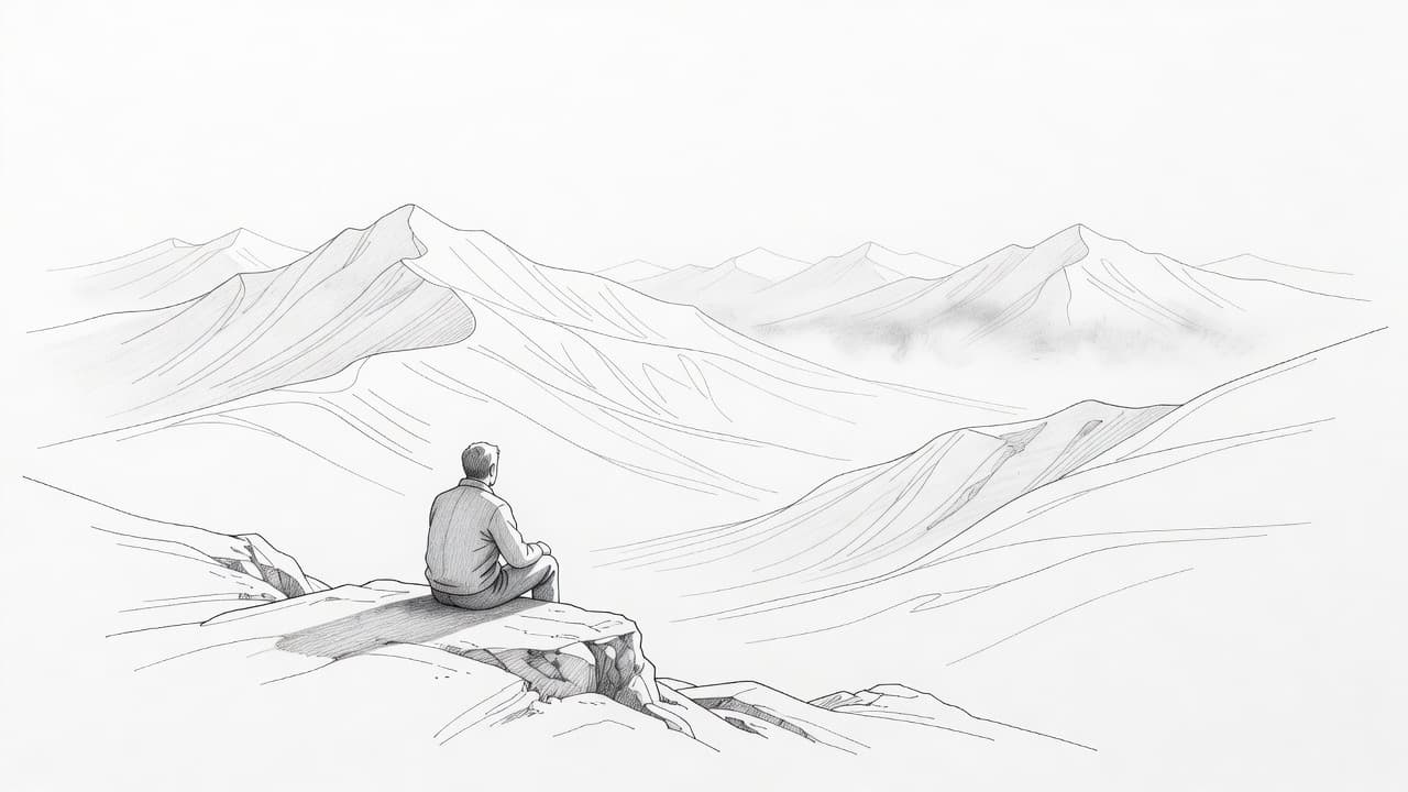 A graphite pencil drawing depicts a lone figure resting on a jagged rocky outcropping. The artist uses clean linework to illustrate distant mountain peaks under a vast and quiet sky.