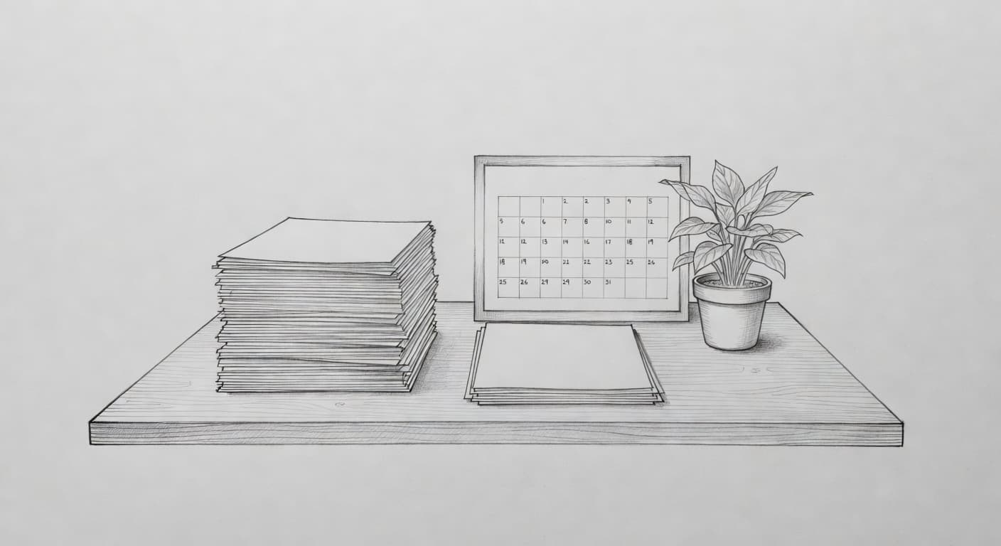 A graphite drawing showcases a tidy workspace with neatly stacked papers, a wall calendar, and a small plant. The balanced composition reflects a grounded atmosphere on light gray textured paper.