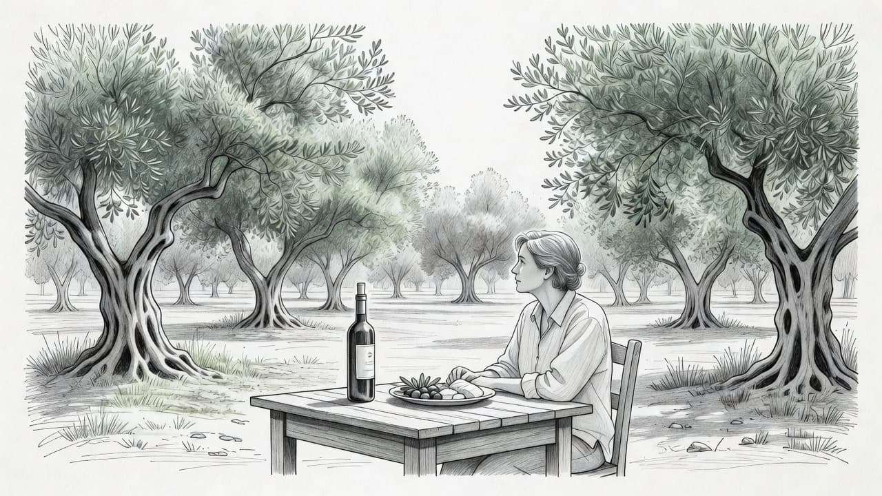 A graphite line drawing depicts a lone person seated at a small rustic table. A wine bottle and food plate rest on the table surface amidst the dappled shade of olive trees.