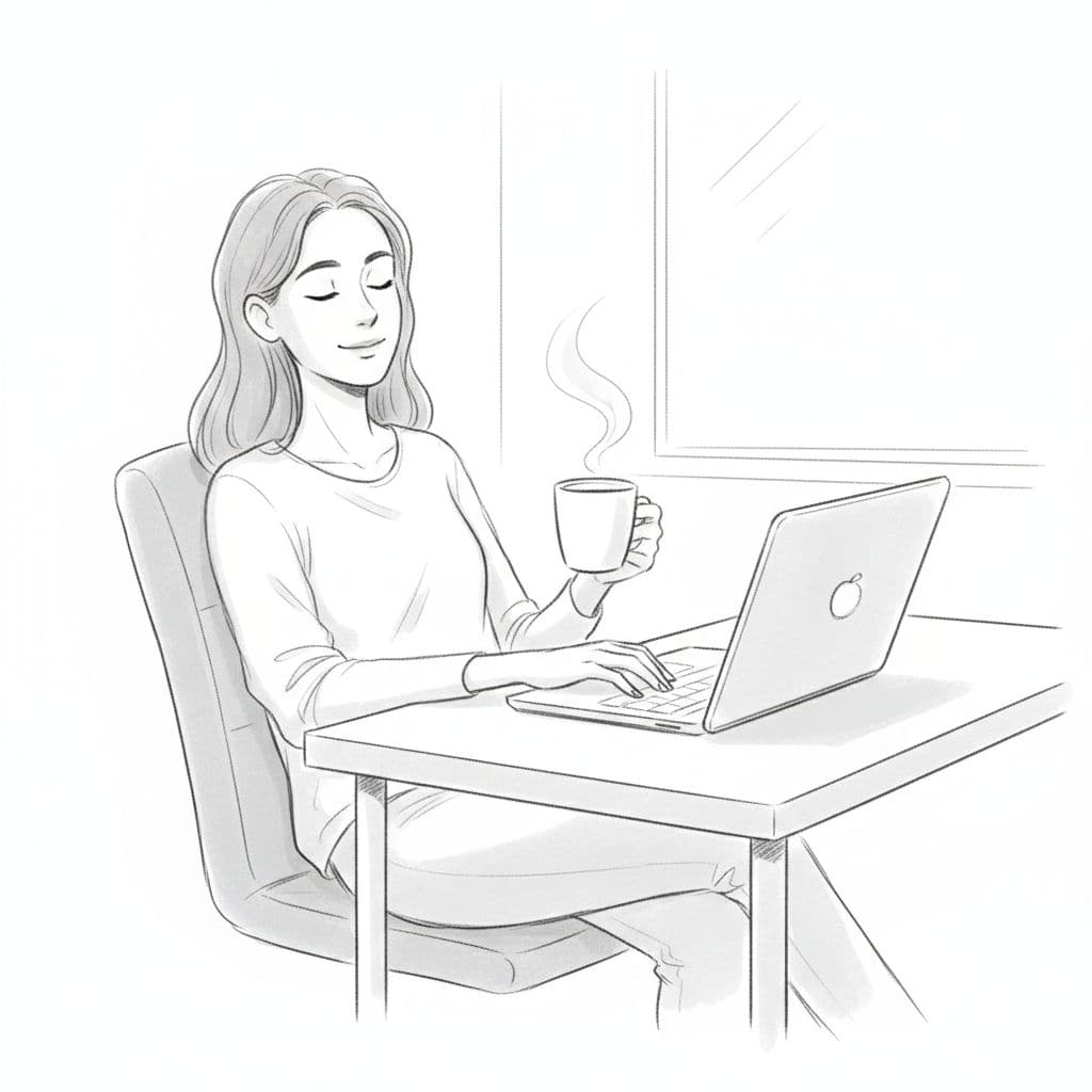 A graphite sketch depicts a relaxed individual seated at a desk with an open laptop. The clean linework and soft shading emphasize a peaceful workspace set against a stark white background.