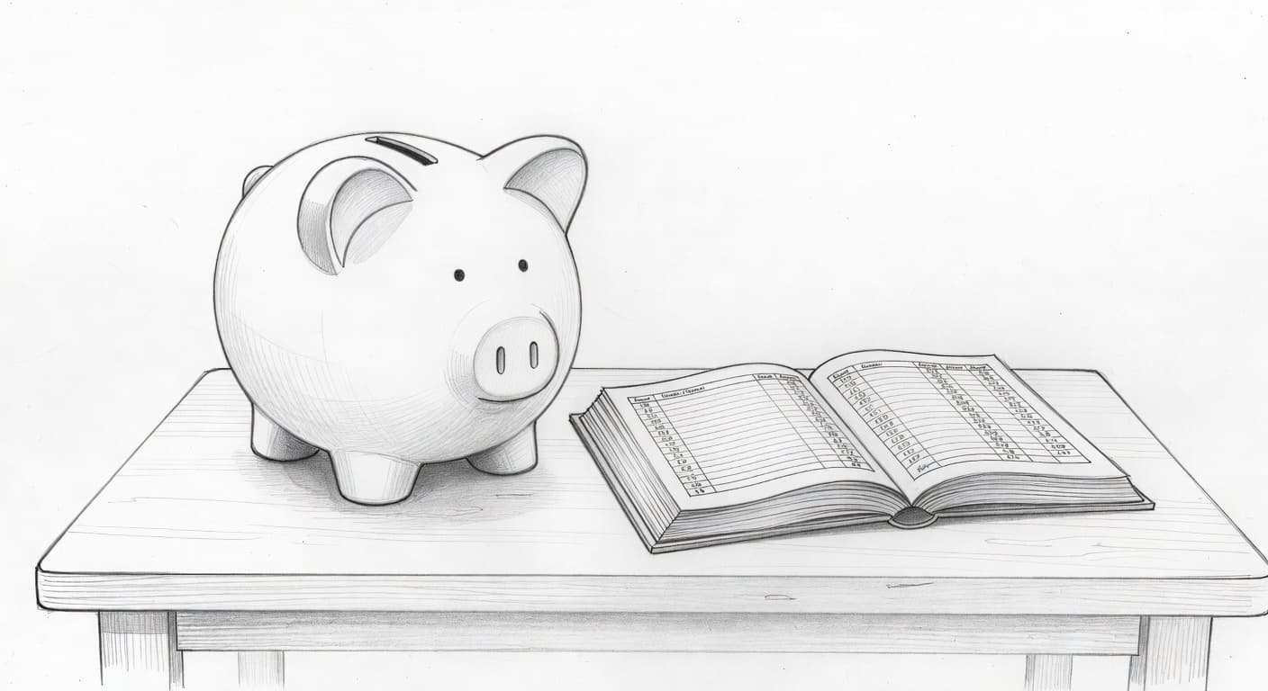 A graphite sketch depicts a small piggy bank resting on a flat desk beside an open ledger. Delicate shading and clean linework create a professional atmosphere against the stark white background.