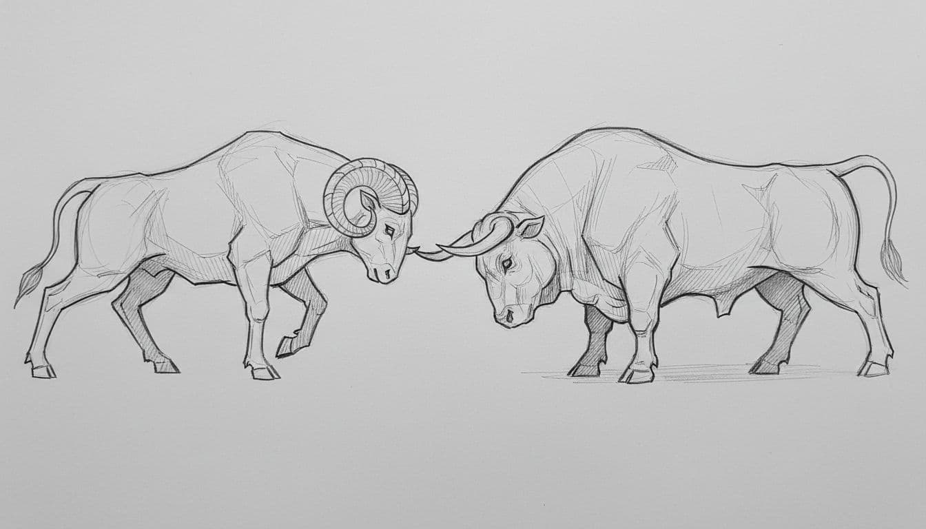 A minimalist graphite sketch on light gray paper shows a stylized ram and bull facing each other. Fine linework and subtle shading emphasize the animals' distinct forms and powerful, contrasting energies.