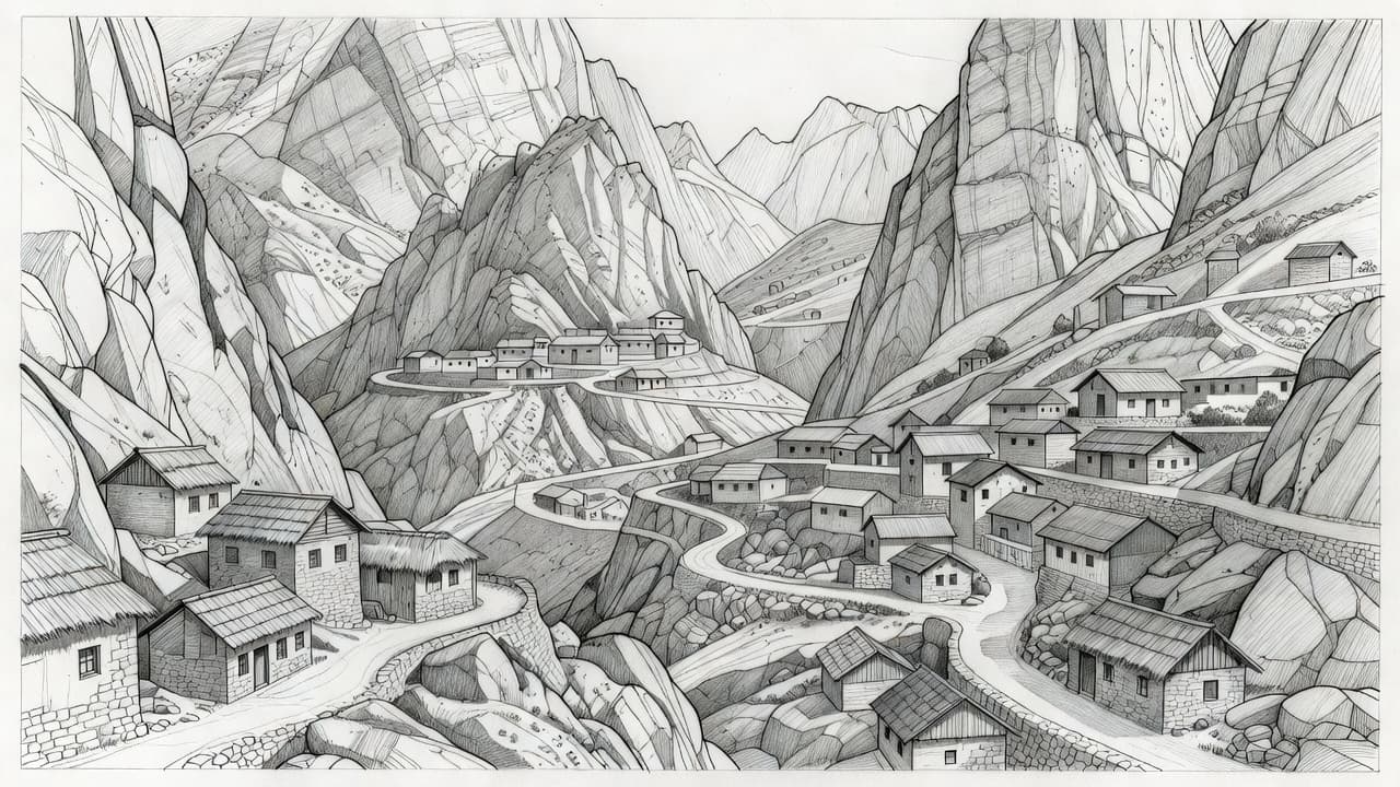 A detailed graphite drawing displays a remote village perched between jagged cliffs. Winding stone paths connect small traditional dwellings nestled against the steep, dramatic slopes of a high mountain valley.