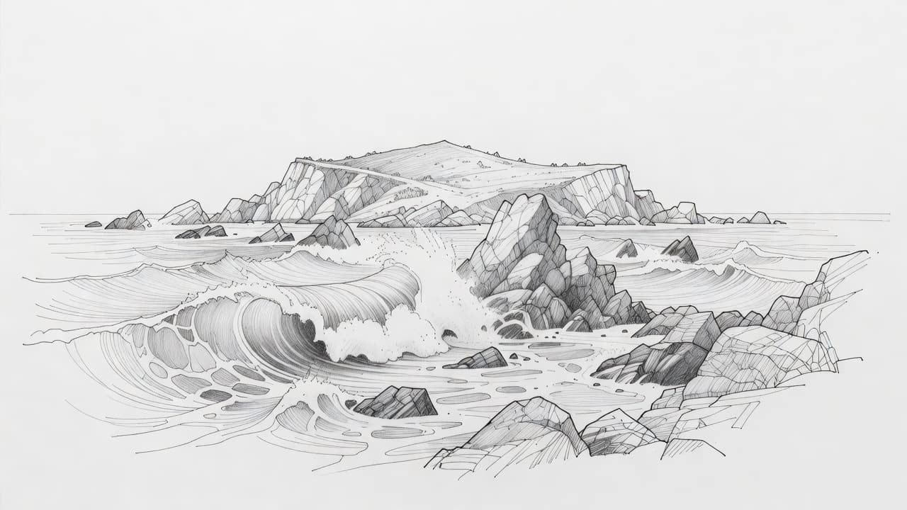 A minimalist graphite illustration captures the raw energy of an island coastline. Jagged rocks protrude from the white paper as dark, stylized waves crash against the base of the steep cliffs.