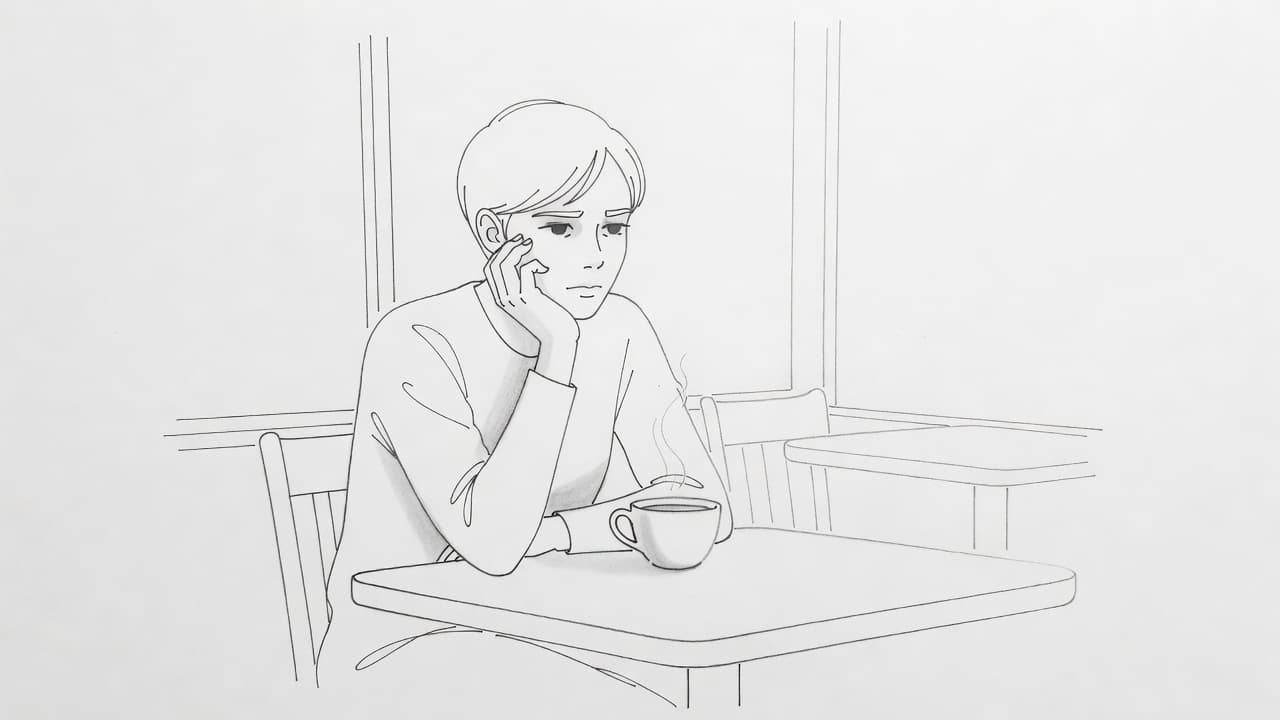 A graphite pencil sketch shows a solitary individual leaning their chin on a hand while sitting at a small cafe table. Clean lines define the subject's moody expression on textured paper.