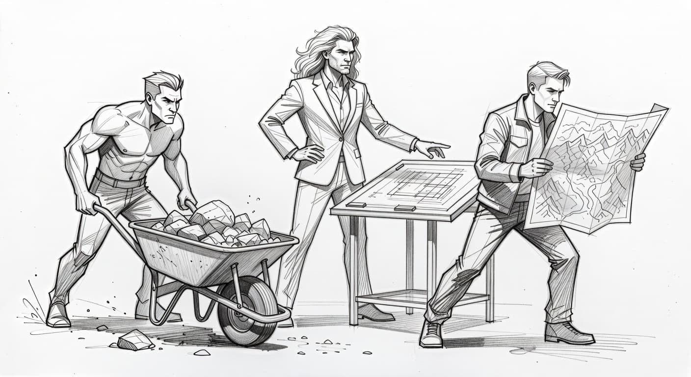 Three distinct figures rendered in graphite pencil sketch style stand against a stark white background. These stylized characters depict various professional archetypes with soft charcoal shading and expressive hand-drawn linework throughout.