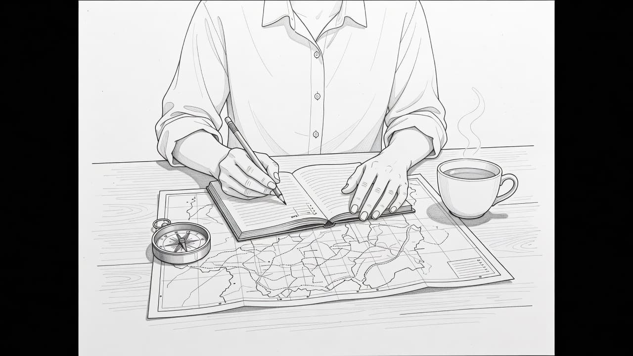 A detailed graphite sketch displays a wooden desk surface with a map, vintage compass, and a steaming cup of tea. Precise lines illustrate a person thoughtfully arranging their upcoming travel plans.