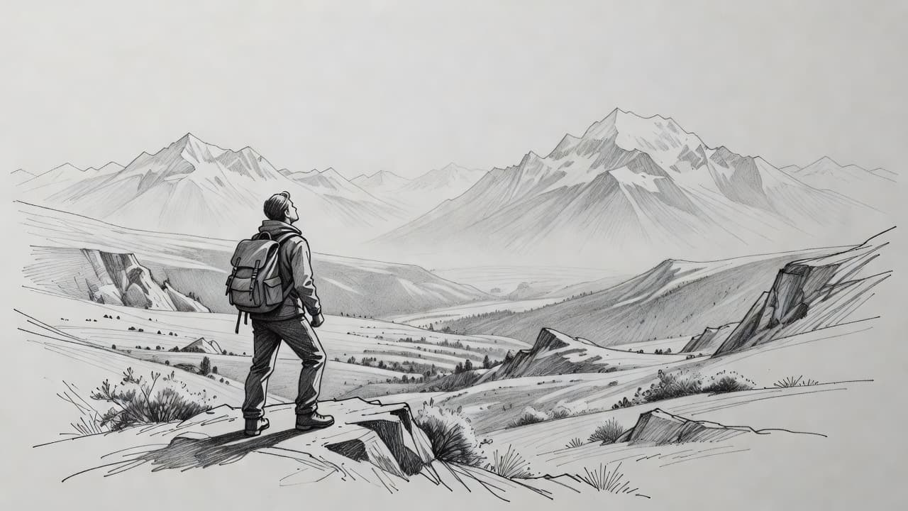 A detailed graphite drawing depicts the silhouette of a wanderer carrying a backpack while overlooking a sprawling mountain range. Soft shading defines the rugged peaks and valleys on textured gray paper.