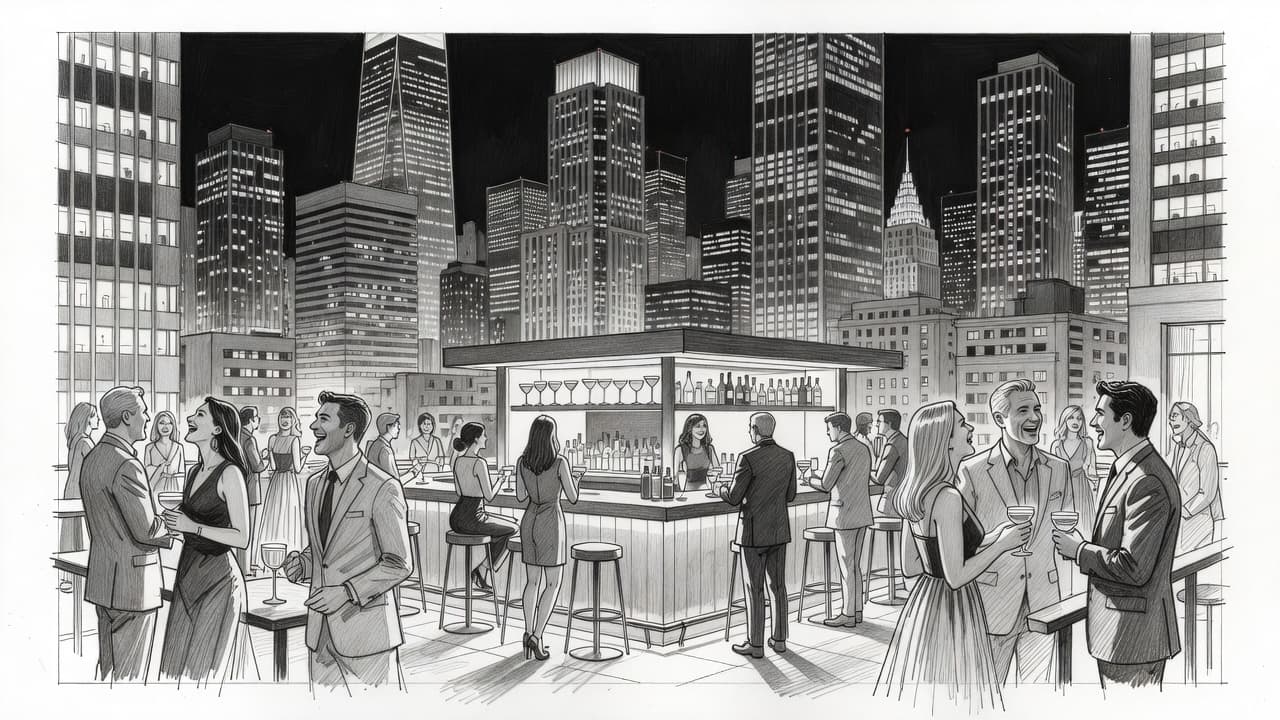 A detailed graphite sketch depicts a sophisticated rooftop bar overlooking a sprawling city skyline at night. Patrons lounge near glass railings while shimmering city lights fill the distant urban horizon.