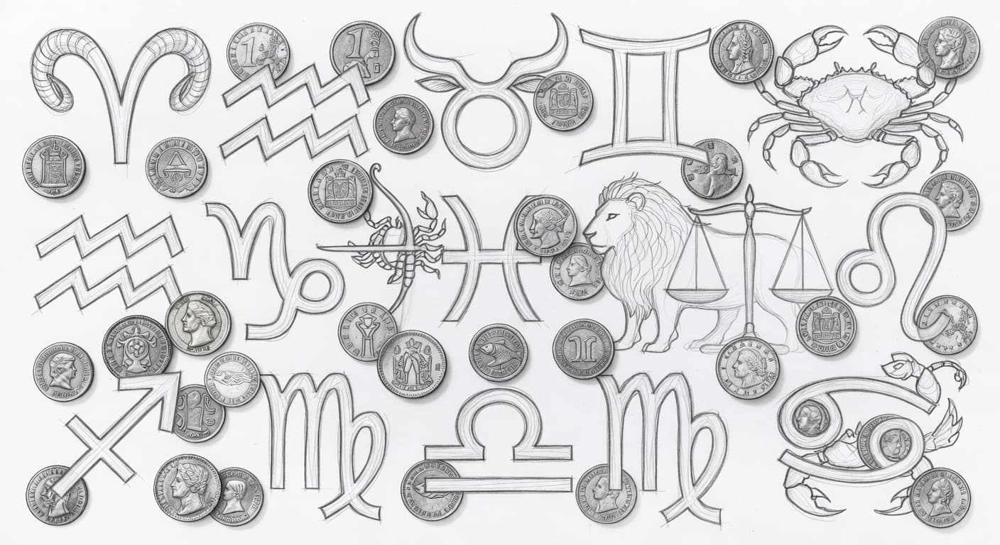 Graphite sketches of intricate astrological symbols are artistically interspersed with metallic coins on a textured white page. Soft shading adds depth to the hand-drawn elements, creating a cohesive financial aesthetic.