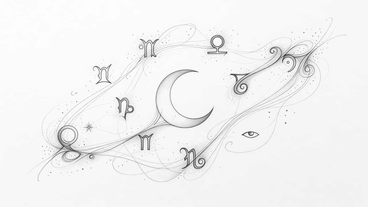 Tužková skica s motivem měsíce a astrologických symbolů na bílém papíře.