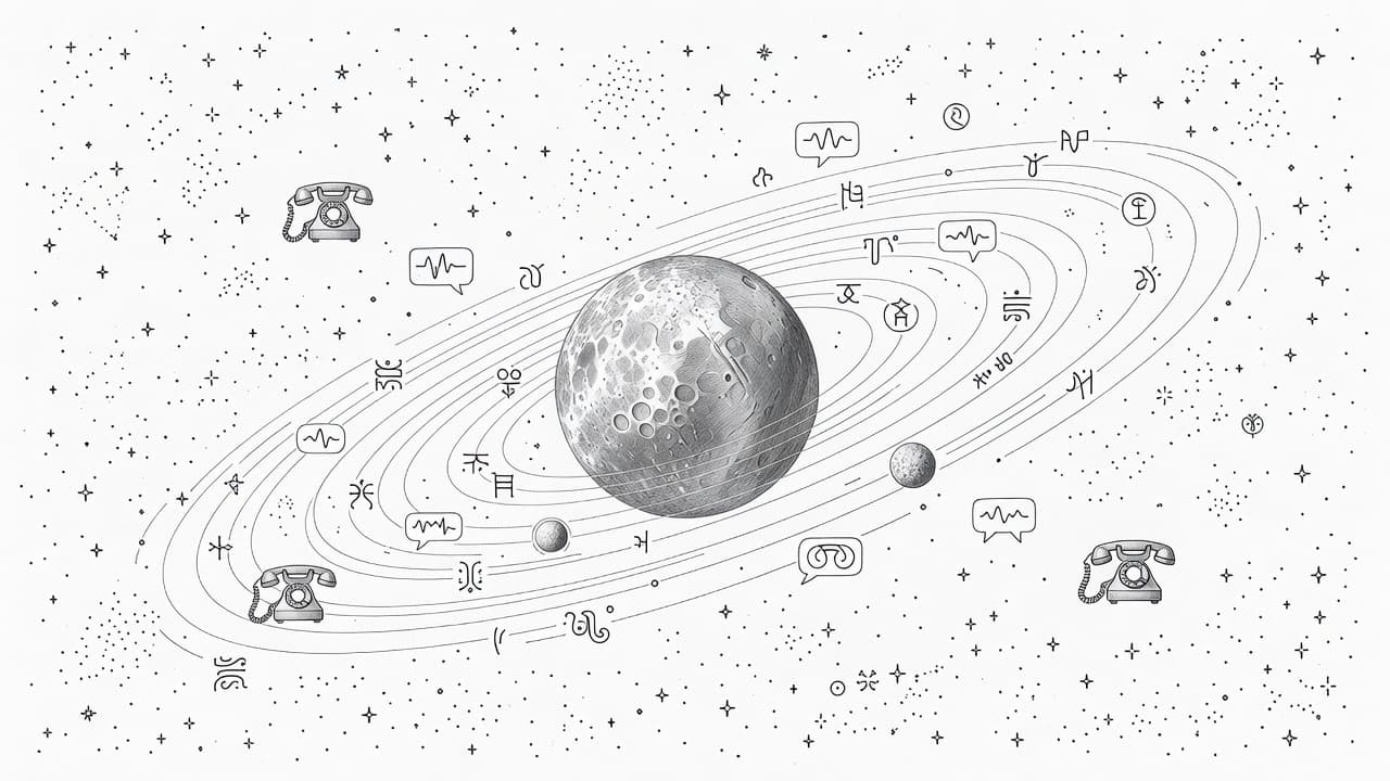 Kresba tužkou znázorňuje planetu a orbitální dráhy na noční obloze.