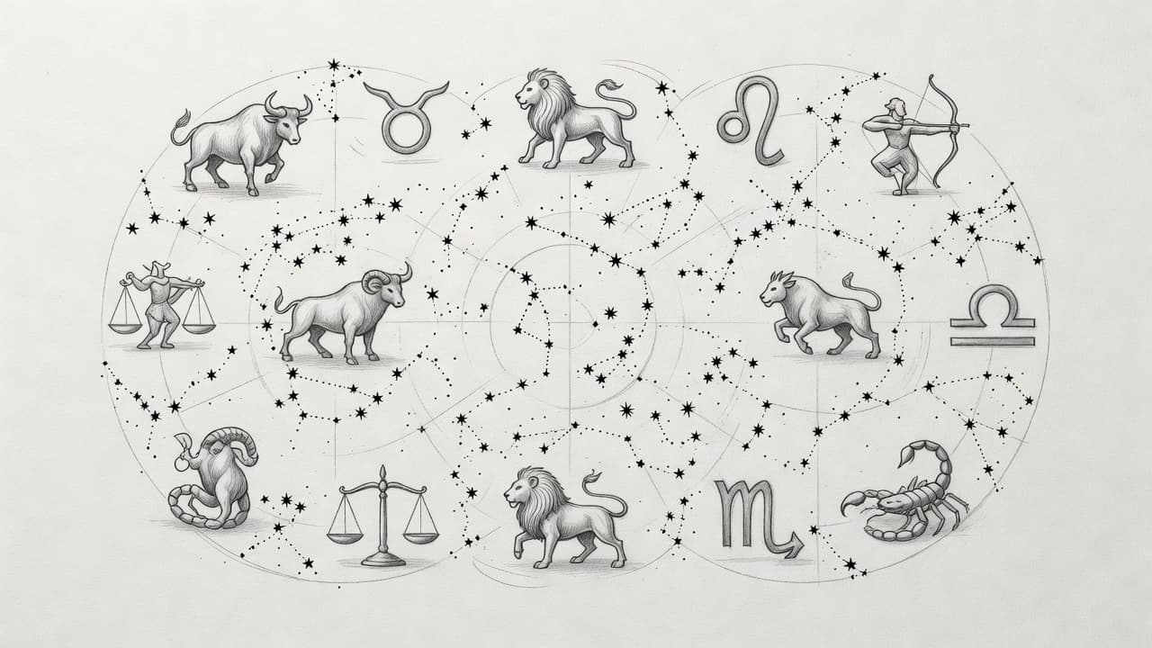 Skica astrologických symbolů a hvězdné mapy na světlém papíře.