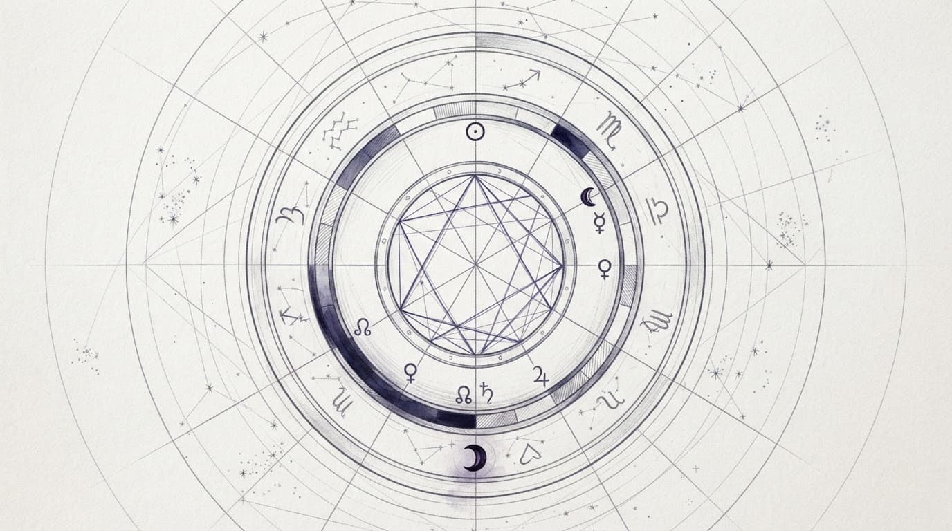 Kruhový astrologický diagram se srpkem, souhvězdími a jemnými orbitálními liniemi.