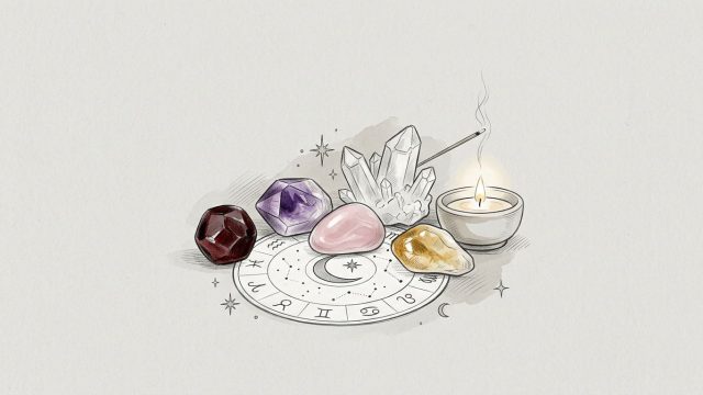Krystaly kolem astrologické mapy doplňuje srpek měsíce a meditační svíčka.