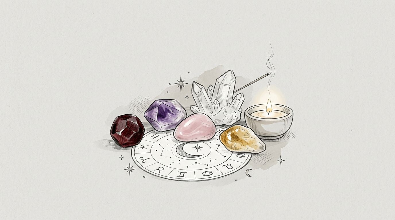 Krystaly kolem astrologické mapy doplňuje srpek měsíce a meditační svíčka.