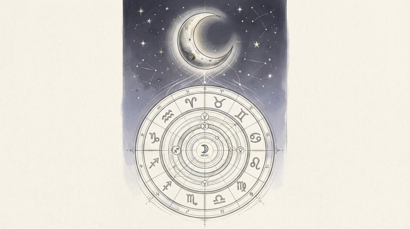 Srpek Měsíce nad kruhovým astrologickým horoskopem v klidné noční obloze.