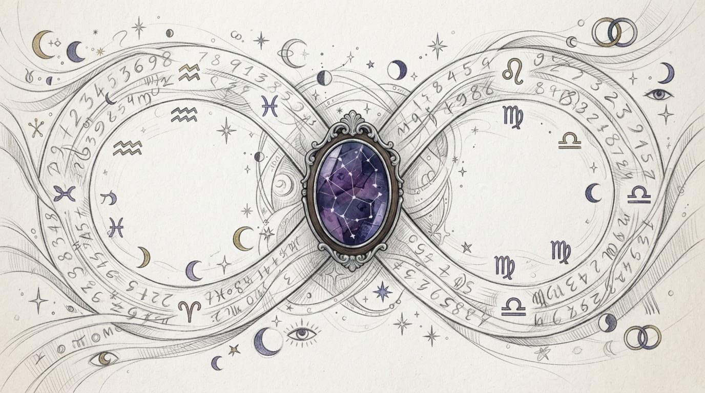 Dvě kruhové cesty se symboly zodiaku se setkávají u zrcadla.