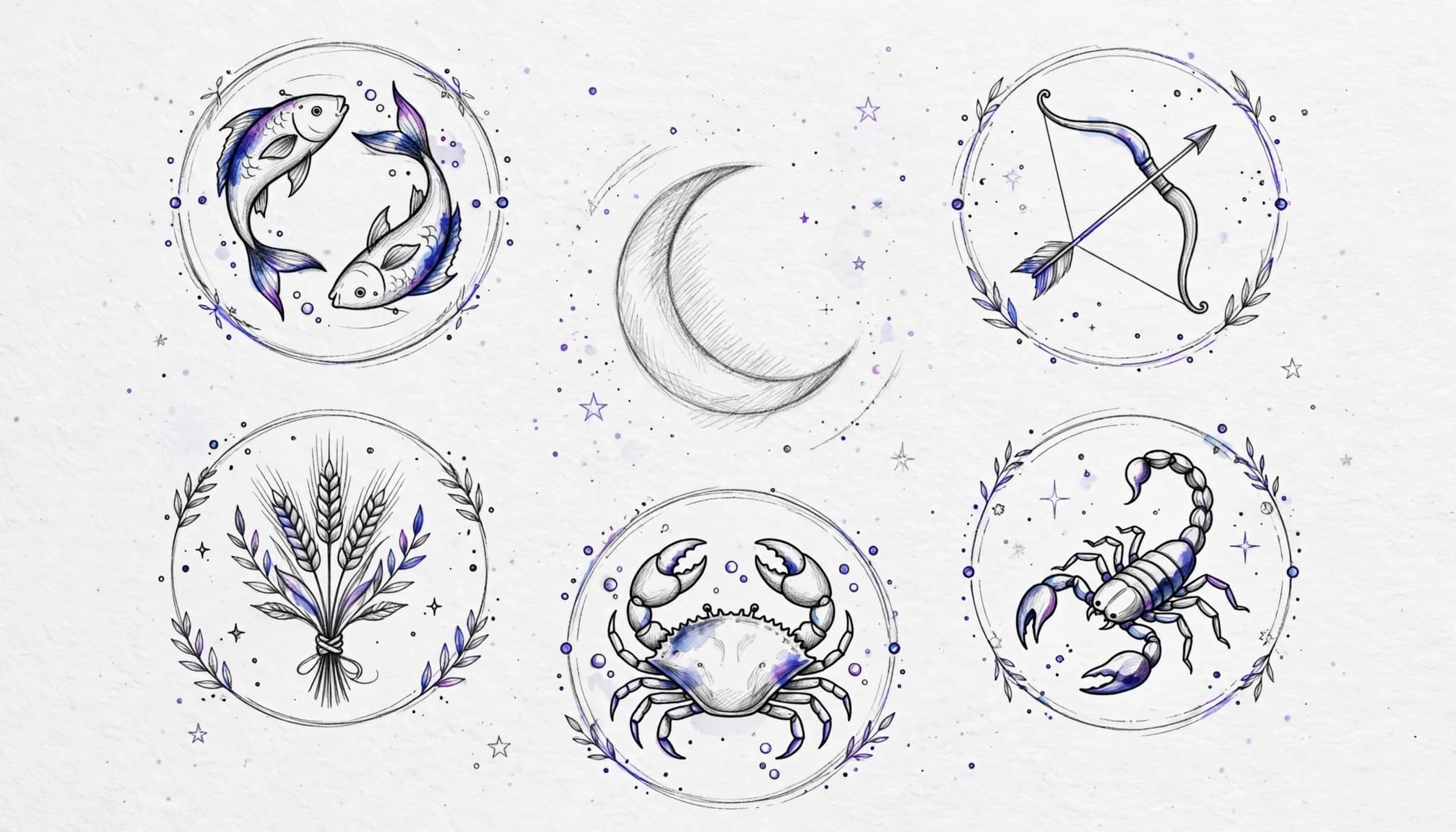 Pět astrologických symbolů kolem srpku Měsíce na světlém pozadí.