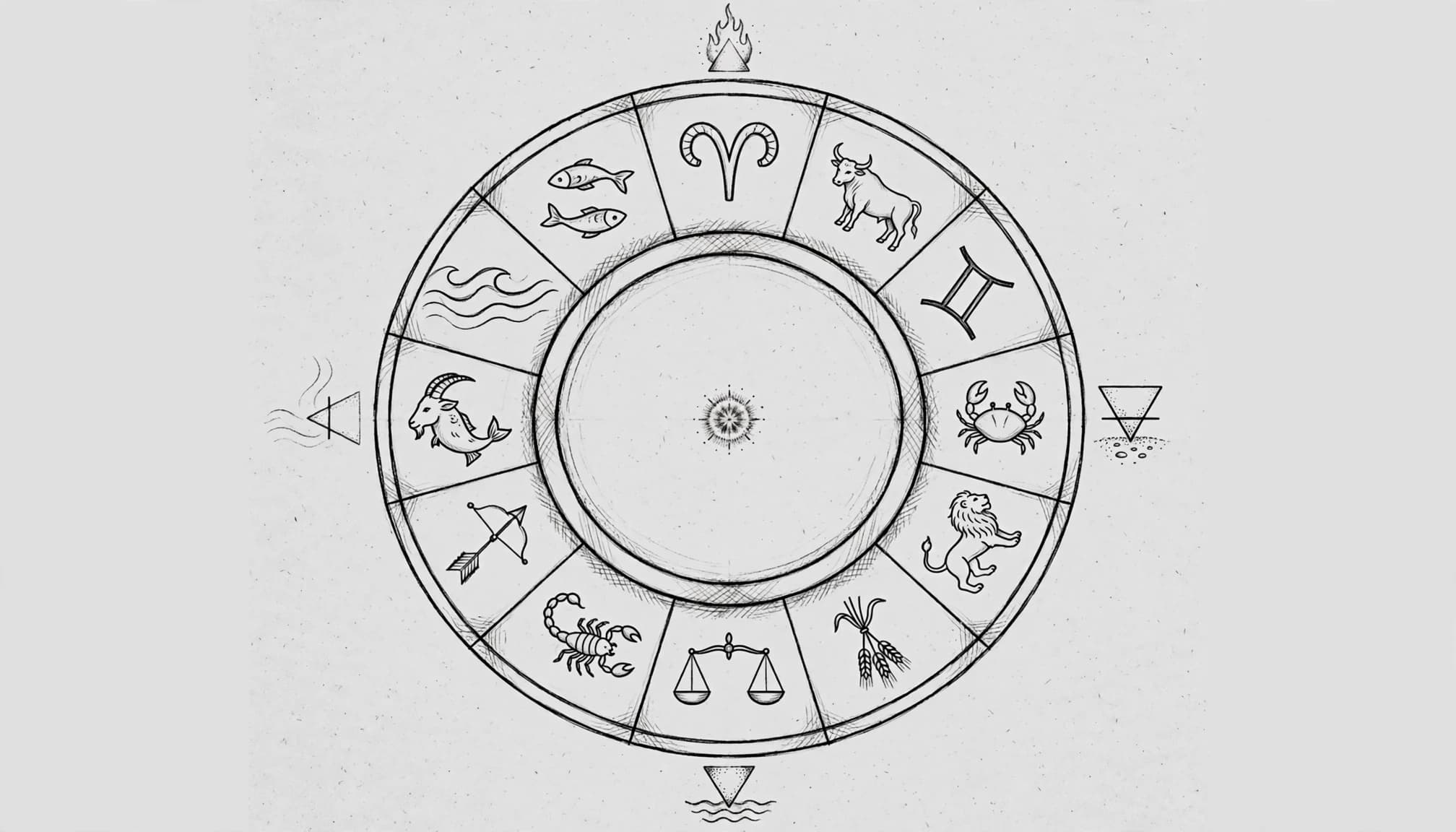 Ručně kreslené astrologické kolo se znameními zvěrokruhu.