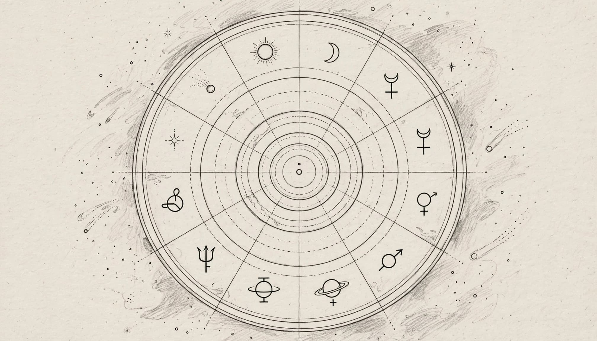 Kresba astrologického kruhu s planetárními symboly na světlém papíře.