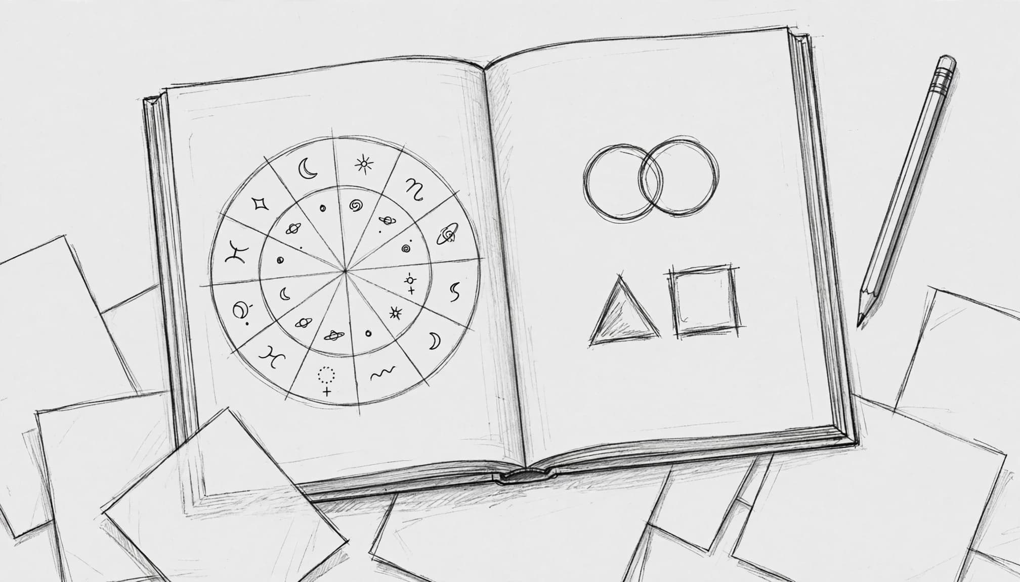Kresba otevřené knihy s astrologickým kolem a geometrickými tvary na stole.