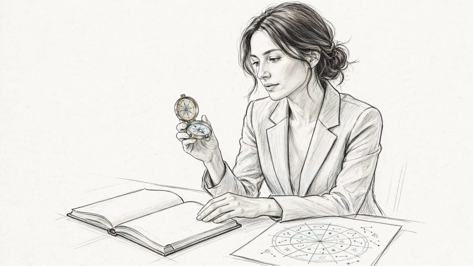 Žena u stolu drží kompas vedle otevřeného zápisníku a astrologického náčrtu.