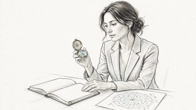 Žena u stolu drží kompas vedle otevřeného zápisníku a astrologického náčrtu.